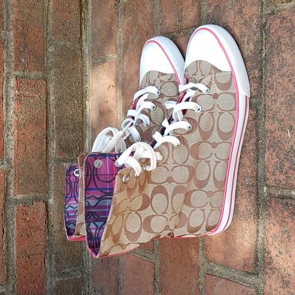 Coach Bonney Pink And Tan Signature High Top Sneaker Size 8.5 (1268) - Picture 5 of 11